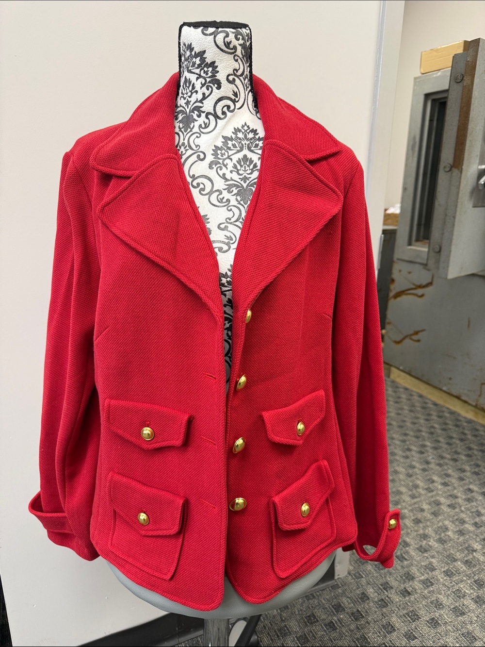 Vintage Joan Rivers Red Military Style Knit Blazer Jacket XL Gold Buttons